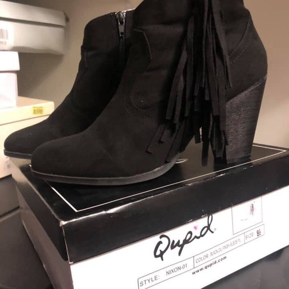 Black suede tassel wedges